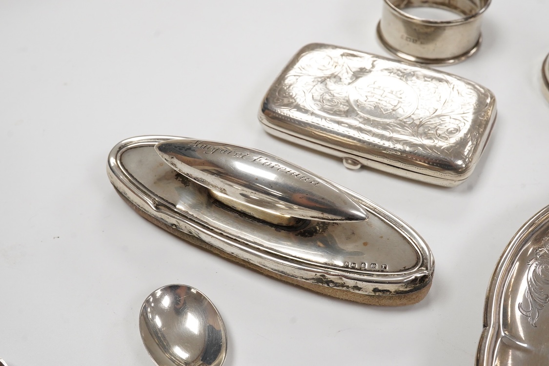 An early Victorian engraved silver plate, of cusped form, by Riley & Storer, London, 1844, with later engraved inscription, 17.5cm, together with two later silver cigarette cases, three silver condiments, a late Victoria